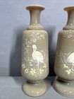  2  Antique 19thc Victorious Bristol Glass Old White Heron Painting Flower Vase