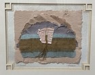 Vintage Sunset Mixed Media Burlap Papyrus Collage Framed Art Signed Amano