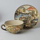 Antique Meiji Japanese Satsuma Moriage Samurai Cup Saucer Set 6 Signed Repairs