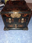 Antique Chinese Black Lacquer Jewelry Box-dragon phoenix-3 Drawer-nice clean    