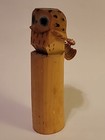 Carving Hand Carved Owl W curly Feathers Bird On Top Of Wooden Dowel 5 7 8  T