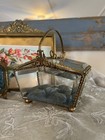 Rare Antique French Picnic Basket Ormolu Jewelry Casket Thick Beveled Glass 