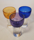 Set 3 Mid Century Modern Cordial Shot Glasses Clear Bases Cobalt Purple Amber