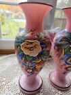 Pair Antique Bristol Pink Opaline Glass Vase Handpainted Flowers W blue Ribbon