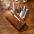 Genuine Leather Zipper Pen Bag Pencil Holder Case Stationery Storage Pouch Bag