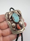 Vintage Navajo Nickel Silver Kingman Turquoise   Coral Stamped Bolo Tie 2 5 
