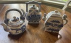 3 Vintage Blue And White Decorative Teapots With Lids