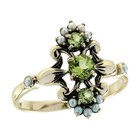 9k Yellow Gold Peridot And Pearl Vintage Style Floral  Three Stone Ring
