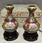 Set Of 2 Vintage Chinese Cloisonne Vase Flowers With Stands In Original Box