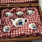Vintage Madeline Tea Set By Schylling  Wicker Picnic Basket Red Gingham Design
