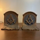 Antique Vintage Pair Of Masonic Freemason Bookends     Solid Cast Metal Book Ends
