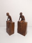 Antique Art Deco Spelter Flapper Girl Nude Woman On Book Bookends Pair