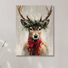 Christmas Reindeer Wall Art With Holly Wreath   Red Bow Vintage Holiday Decor