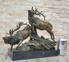 15  Western Art Deco Pure Bronze Marble Two Deer Elk Mating Sculpture Figurine