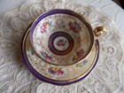 Antique Cauldon England  Cup   Saucer Hand Painted  Details Flowers  Cobalt Trim