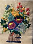 Vintage Crewel Embroidery Flowers Basket Sunroom Vibrant 12x16     Not Framed Mcm