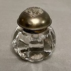 Antique Cut Glass Round Ink Well W  Metal Embossed Cap Heavy 3 25x3 75   