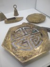 Lot Of Brass Asian Antique Or Vintage Items  Trivet  Ashtray  Bells  Yin Yang