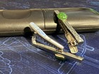 Vintage Mid Century Modern Silvertone Tie Clip Geometric Diamond Green Stone