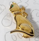 Kitty Cat Napier Rhinestone Gold Tone Pin Brooch Vintage Green Eyes