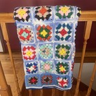 Vintage Handmade Crochet Blanket Granny Blue   White Afghan Throw