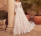 Square Collar A-line Wedding Dress Long Sleeves Lace Appliques Bridal Gown Train