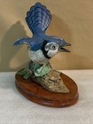 Beautiful Ceramic Blue Jay Bird On Tree Stump Figurine Handpainted