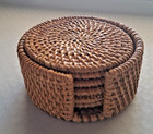 7-pcs Set Wicker Coasters With Holder Retro Boho D  cor Vtg   euc 