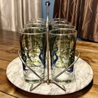 Set Of 8 Vintage Retro Peacock Libbey Mid Century Mcm Bar Cocktail Glasses Caddy