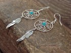 Native American Sterling Silver   Turquoise Dream Catcher Dangle Earrings - Arvi