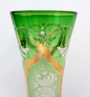 Antique Czech Bohemian Green Hand Blown Glass Enamel   Gold Vase