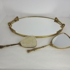 Vintage Vanity Set     Ornate Mirror Tray With Hand Brush   Mirror     Gold Tone 3pc