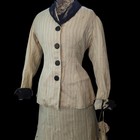 Antique Walking Suit 2 Pc Cream Pinstripe Purse Dress Black Trim Blazer Jacket