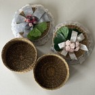 Set Of 2 Shabby Chic Wicker Keepsake Basket Woven   Lid Ribbon Lace Flowers Vtg