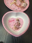 Vtg 90   s  Barbie Heart Shaped Plate   Bowl Set Pink Gingham Border Melamine