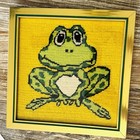 Vtg Frog Needlepoint Cross-stitch Brass Gold Framed Picture Happy Art Mcm Boho