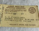 1971  Arizona Small Mine Operators Andes Copper Mining Chile Id Card