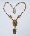 Antique Vintage Germany Gold Tone Art Glass Floral Tassel Necklace Art Nouveau 