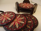 Leather Embroiderd Mandala Coaster Set Of 5  In Wooden Holder Vintage