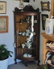 Antique Oak Corner China Cabinet     Curved Glass     Original Finish