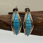 Turquoise Inlaid Sterling Silver Pierced Earrings Vintage Unworn