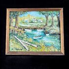 Vintage Original Oil Painting On Wood Signed L Kohn Framed Landscape Boats House