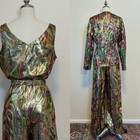 Vintage 80s Anne Crimmins Pants Suit Colorful Metallic Brocade Tank Pants Jacket