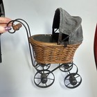 Rare Antique Vintage Wicker Doll Stroller Carriage With Black Canopy 