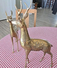 Pair Of Vintage Brass Spotted Deer  16  Buck   13  Doe Statue figurine Set