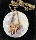Butterfly Necklace Art Nouveau Brass Pendant Antique Amethyst Czech Glass