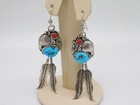 Native American Indian Sterling Silver Turquoise Coral Stone Feather Earrings