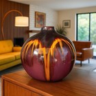 Large Vtg Studio Pottery Vase Lava Drip Glaze Burgundy Orange Art Mcm Decor