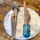 2pc Telephone Telegraph Aqua Glass   Ceramic Mushroom Insulator Wood Spindle Peg