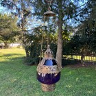Vintage Moroccan Byzantine Purple Glass Hanging Candle Lantern Gold Tone Ornate